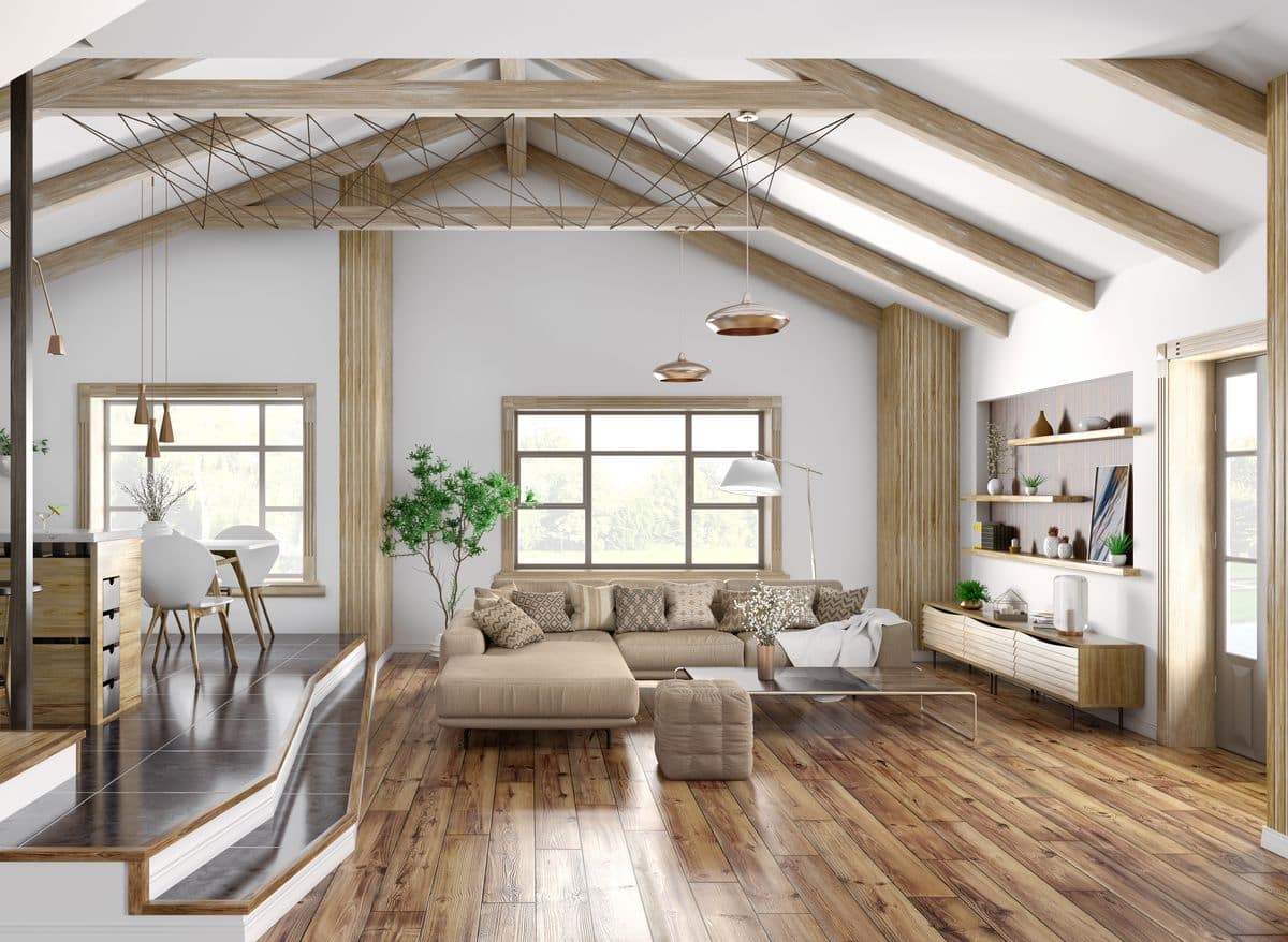 Contemporary home interior design featuring hardwood floors, kitchen, living room, and staircase
